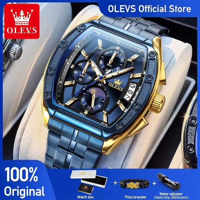 Montre sportive luxueuse en acier inoxydable avec fonction de phase de lune et chronomètre pour homme occasions spéciales