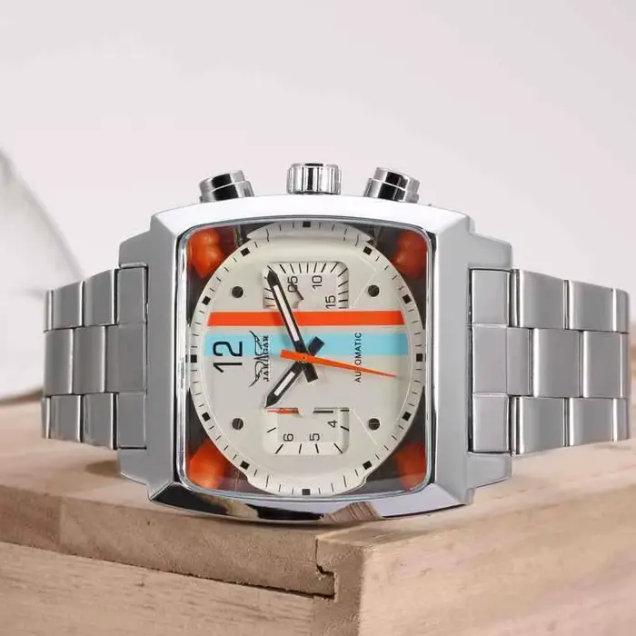 JARAGAR 569 mécanisme d'horloge hommes montre mécanique automatique rétro carré Date semaine étanche bracelet en acier loisirs montre-bracelet