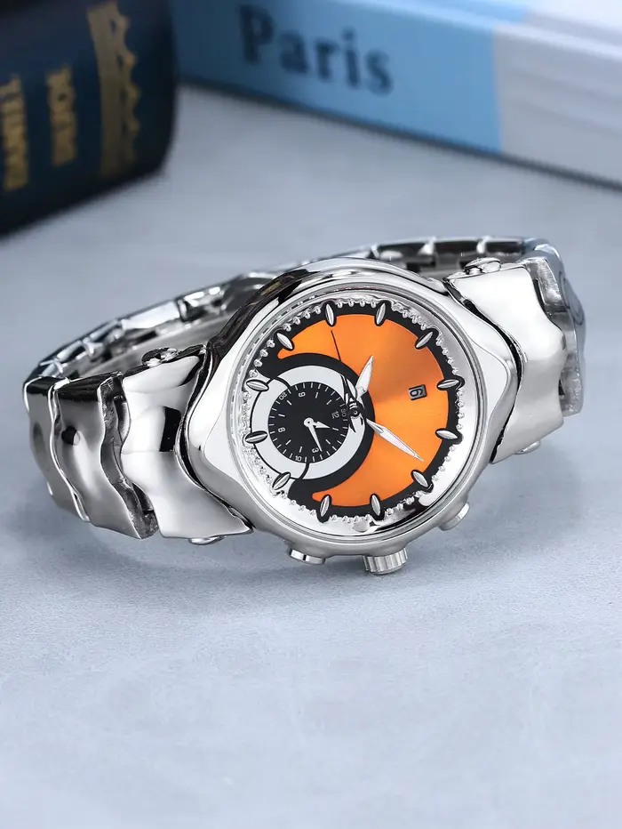 Montre pour homme à cadran bicolore avec bracelet unique en acier inoxydable rétro et haut de gamme