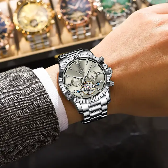 POEDAGAR haut de gamme hommes montre automatique Date semaine homme montre-bracelet creux Tourbillon mécanique en acier