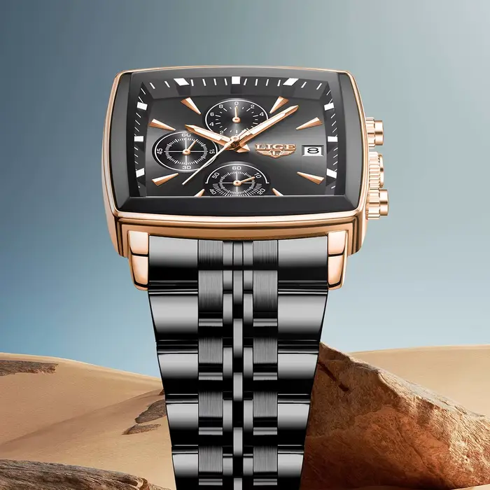 Montre homme LIGE avec cadran carré acier inoxydable étanche chronographe auto date pour hommes occassions diverses
