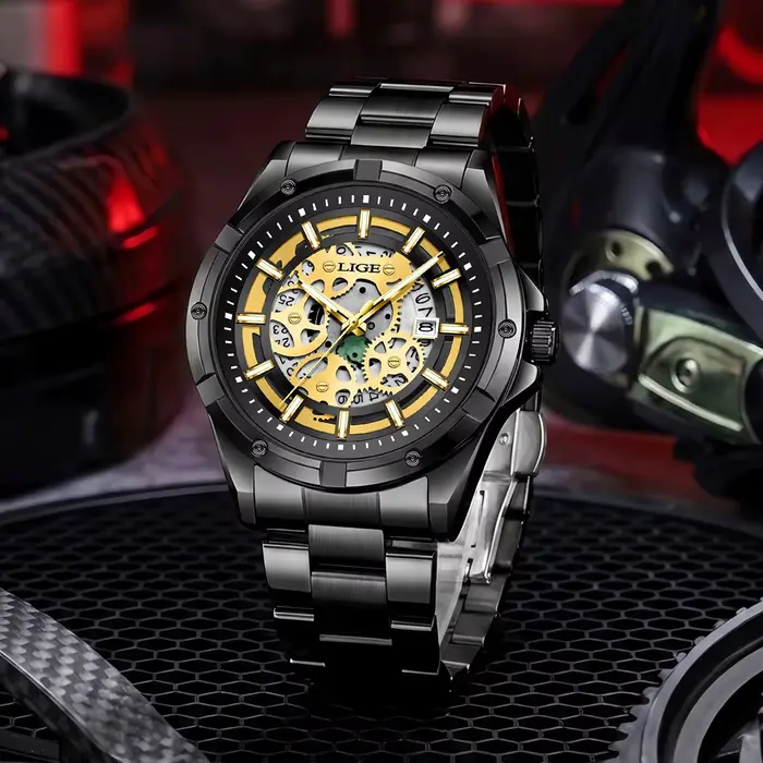 Montre Homme LIGE 2026 – Montre-Bracelet Squelette à Quartz Dorée Rétro