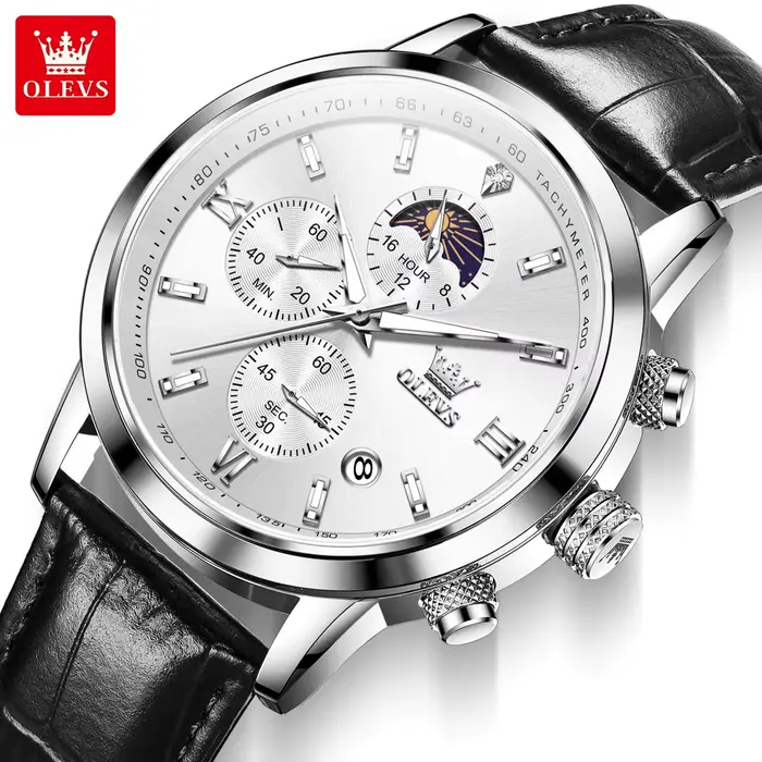 Original OLEVS 9812 marque montre en cuir pour hommes mode étanche lumineux multifonction chronograp