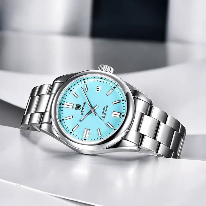 Montre mécanique homme BENYAR acier inoxydable avec mouvement automatique et résistance à l'eau 10 bars pour occasions diverses