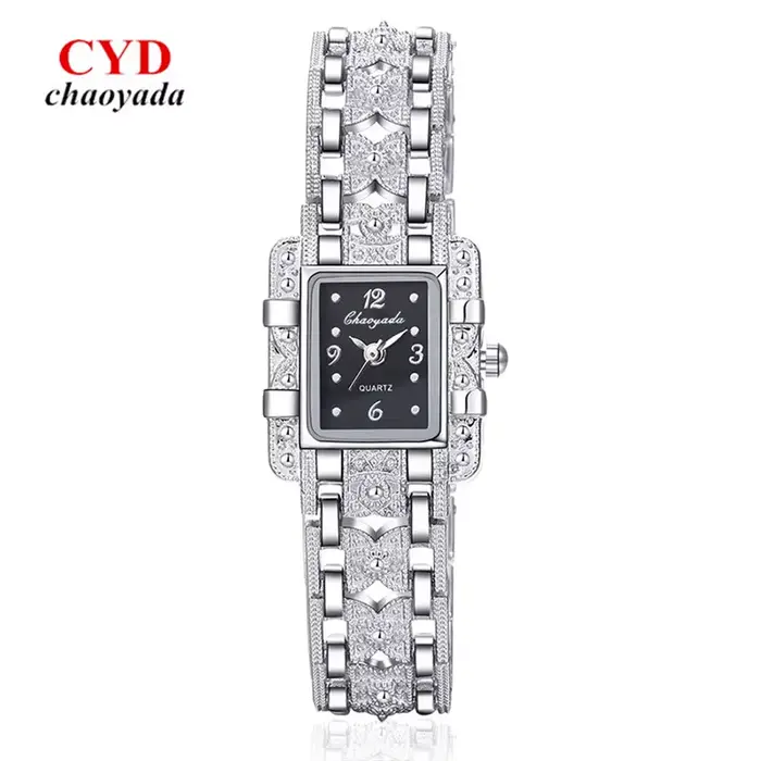 Femmes montre Rectangle cadran argent acier inoxydable cristal montres mode Quartz