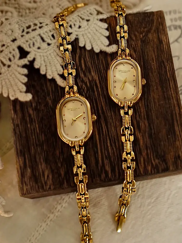 1 PC Élégance vintage française : Petite montre à quartz pour femme avec cadran doré et bracelet – Luxueuse