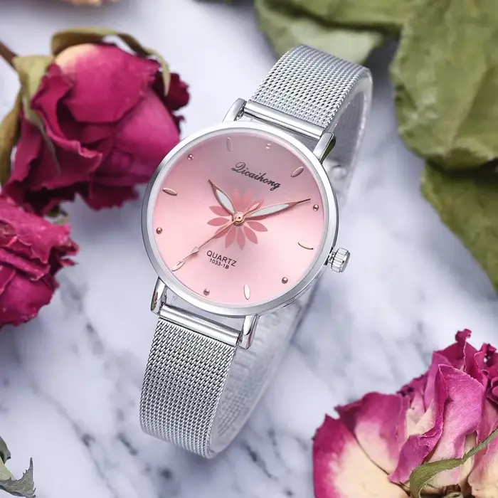 Esthétique femmes montres de luxe argent populaire cadran rose fleurs métal dames Bracelet Quartz horloge mode