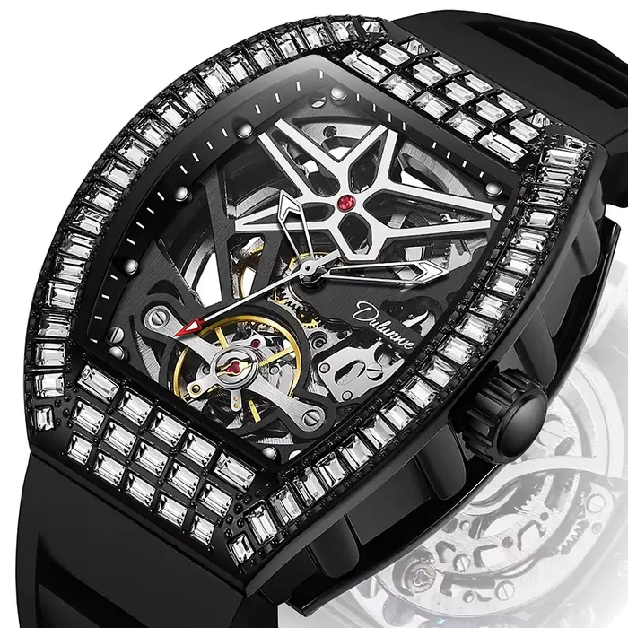 Montres automatiques de luxe pour hommes, tendance, boîtier Tonneau en diamant, horloge mécanique lu