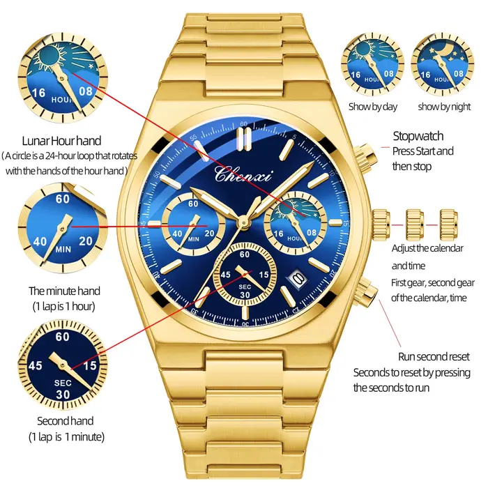 CHENXI Original montres de luxe pour homme multifonctionnel chronographe Date Quartz hommes horloge affaires en acier inoxydable montre en or