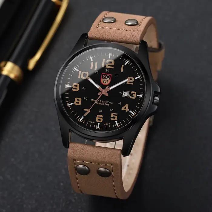 Mode cadran arabe hommes montre à Quartz bracelet en cuir décontracté