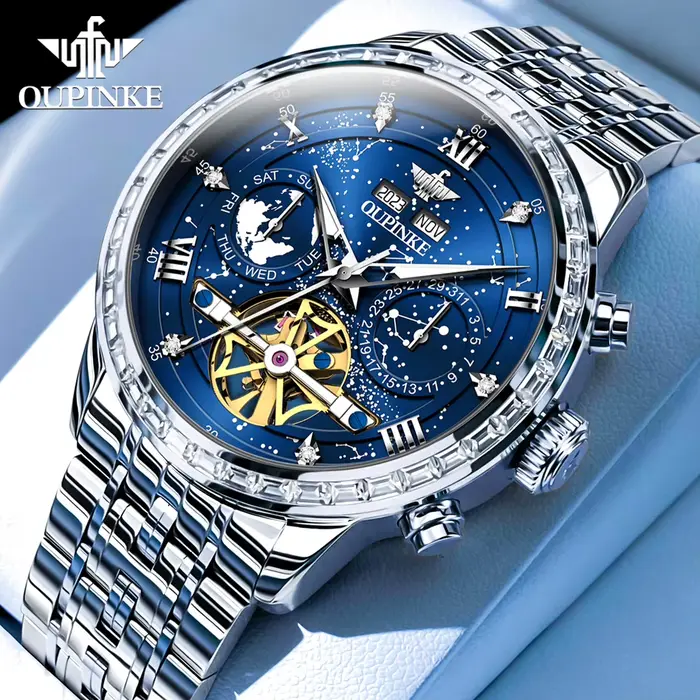 OUPINKE 3255 hommes montre de luxe marque mouvement suisse ciel étoilé squelette montre étanche Orig