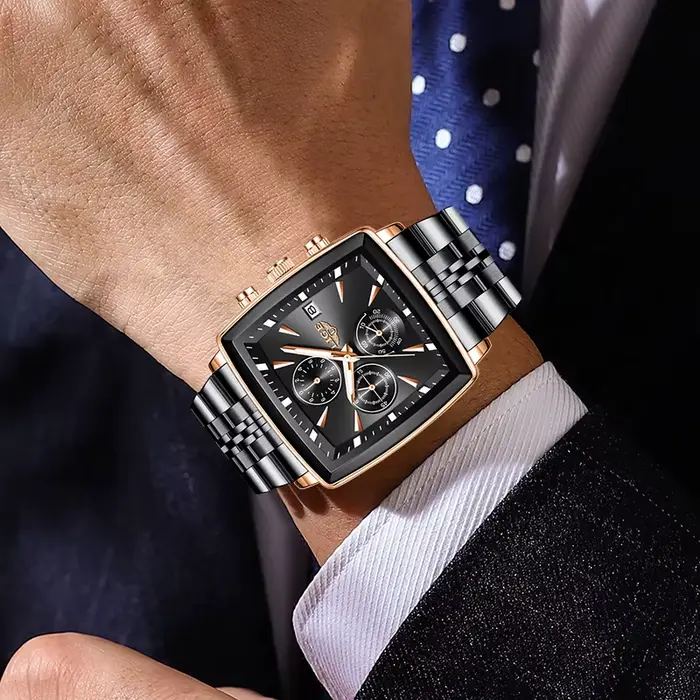 Montre homme LIGE avec cadran carré acier inoxydable étanche chronographe auto date pour hommes occassions diverses