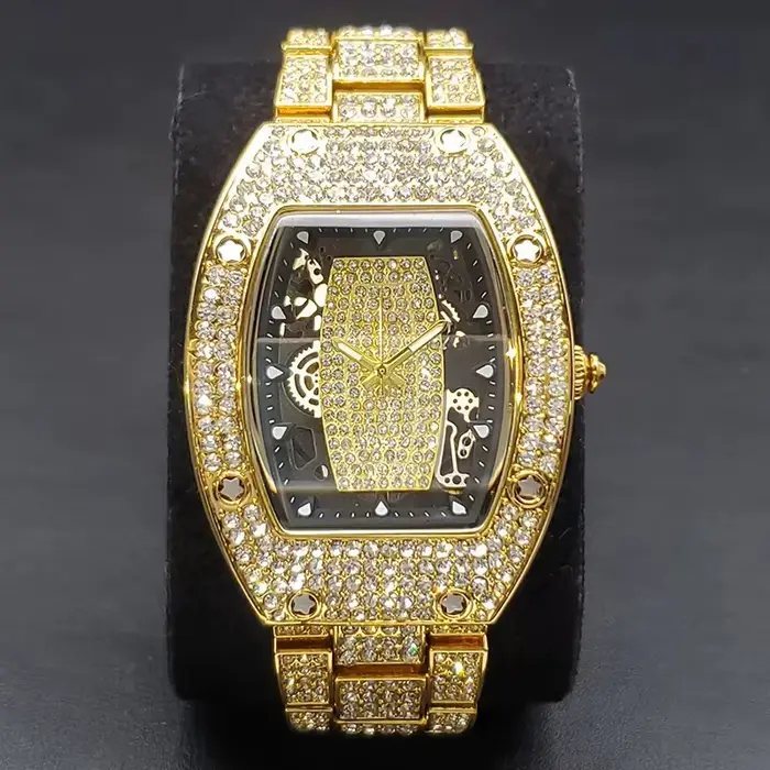 Montre Tonneau de Luxe en Argent pour Homme, Entièrement en Diamant, Style Hip Hop, à Quartz Brcorpo