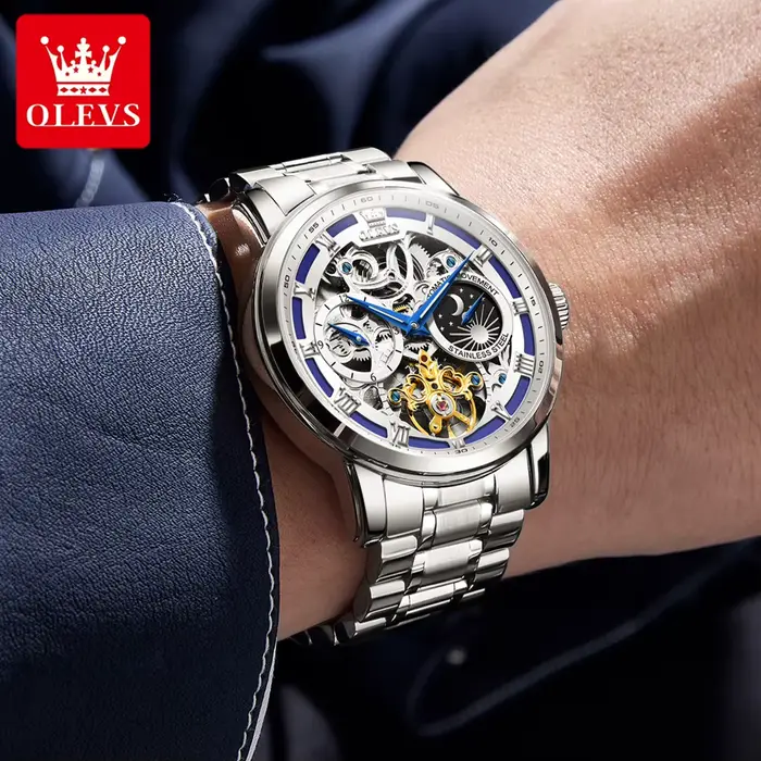 Montre OLEVS 6670 Squelette Luxe Mécanique Phase de Lune Acier Inoxydable Pour Hommes Occasions Spéciales