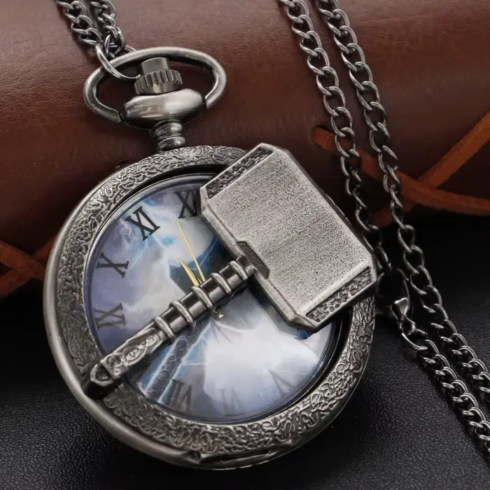 Montre de poche à Quartz creuse, mythologie nordique, marteau de Thor, pendentif Vintage Steam Punk,