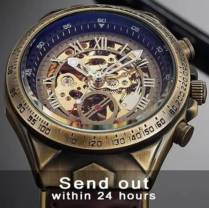 Montre mécanique automatique squelette rétro en Bronze pour hommes