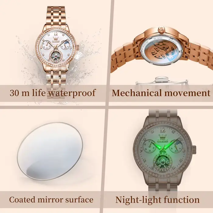 Montre mécanique pour femme OLEVS 6705 authentique avec mouvement tourbillon serti de diamants