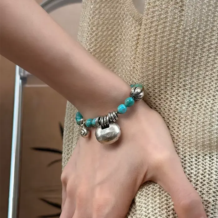 Nouveau style, bracelet à breloques pour femme en argent sterling 925 avec pierre turquoise et desig