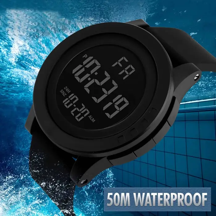 Montre numérique LED noire avec cadran grand et bracelet en caoutchouc pour hommes et femmes occasions spéciales