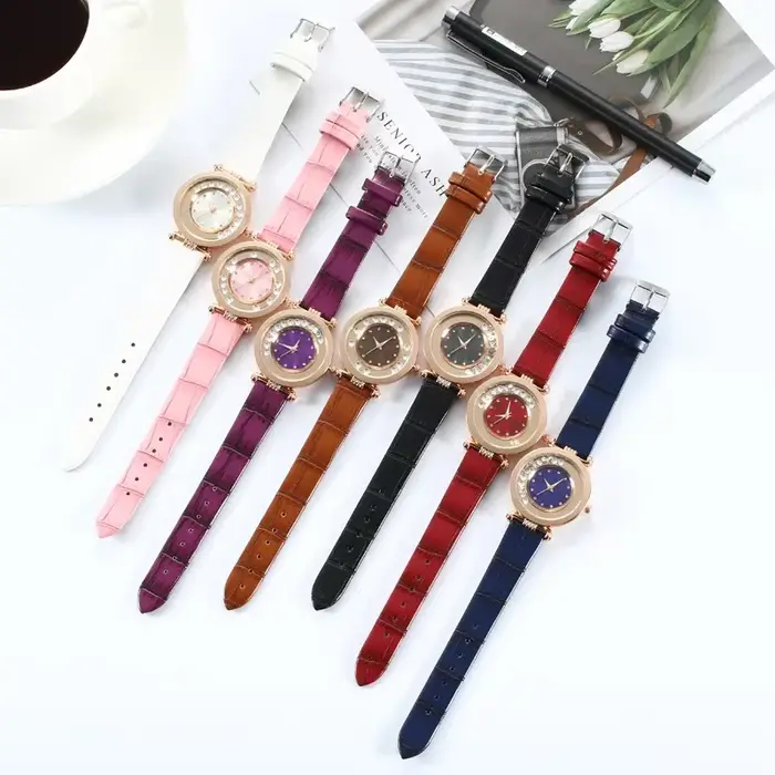 Montre à Quartz Analogique avec Ceinture en Cuir et Diamant pour Femme