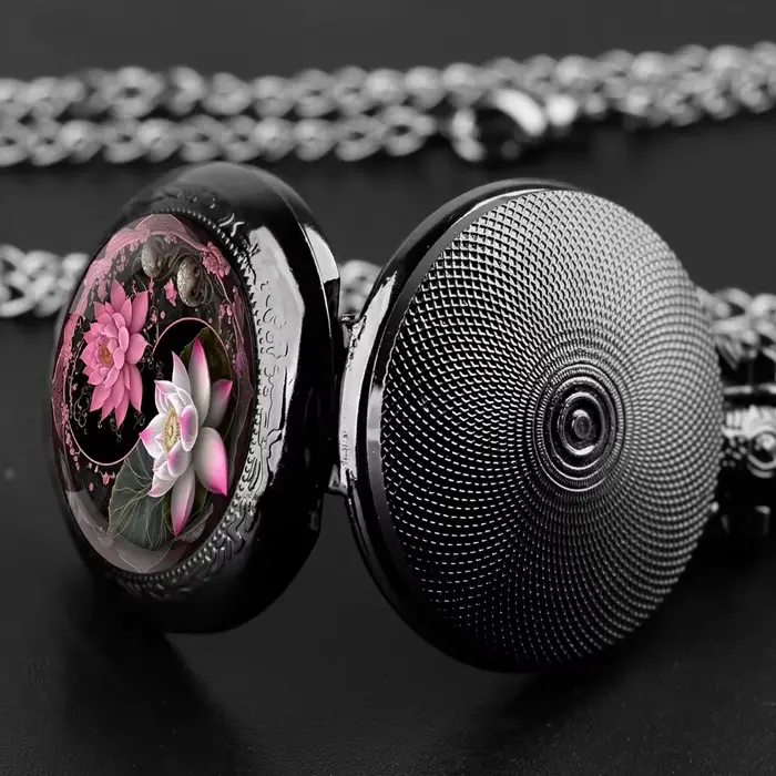 Yin-Yang Lotus Design – montre de poche à Quartz noir