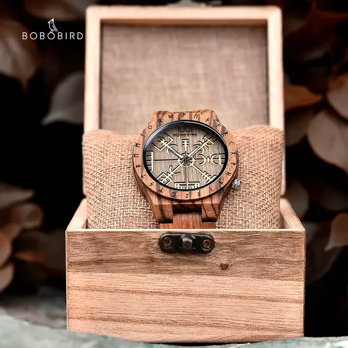 Montre BOBO BIRD Vegvisir en bois pour homme édition limitée design viking symbole occasions spéciales