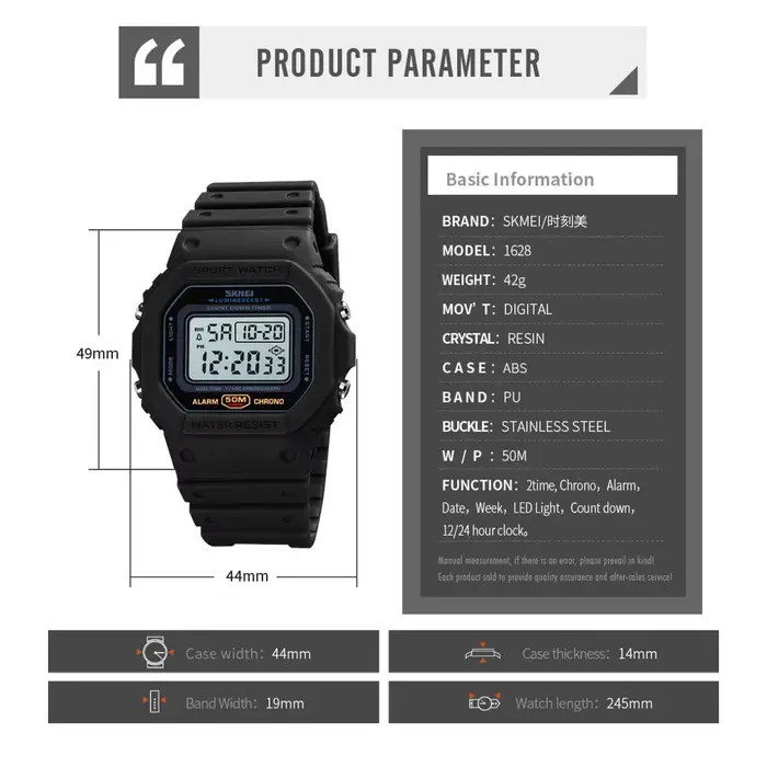 Montre numérique SKMEI 1628 pour hommes, affichage LED, résistance à l'eau, chronomètre, multifonctionnelle pour activités sportives et tenues quotidiennes