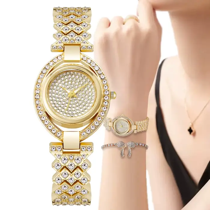 Marques de luxe - Montres à quartz pour femmes - Design créatif avec incrustation de diamants - Montre pour dames en alliage d'or et bracelet en acier inoxydable