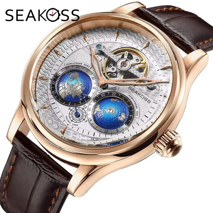  SEAKOSS 47mm hommes montres mécaniques automatiques Double terre heure mondiale verre saphir rotation 3D