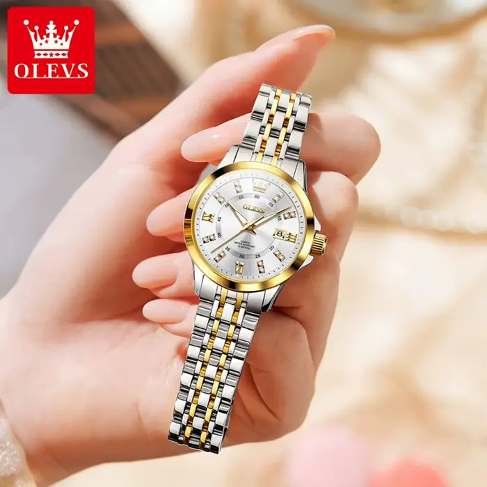 Montre élégante OLEVS en acier inoxydable avec bracelet lumineux et résistant aux chocs pour femmes occasions spéciales quartz fashionable casual resistant to water