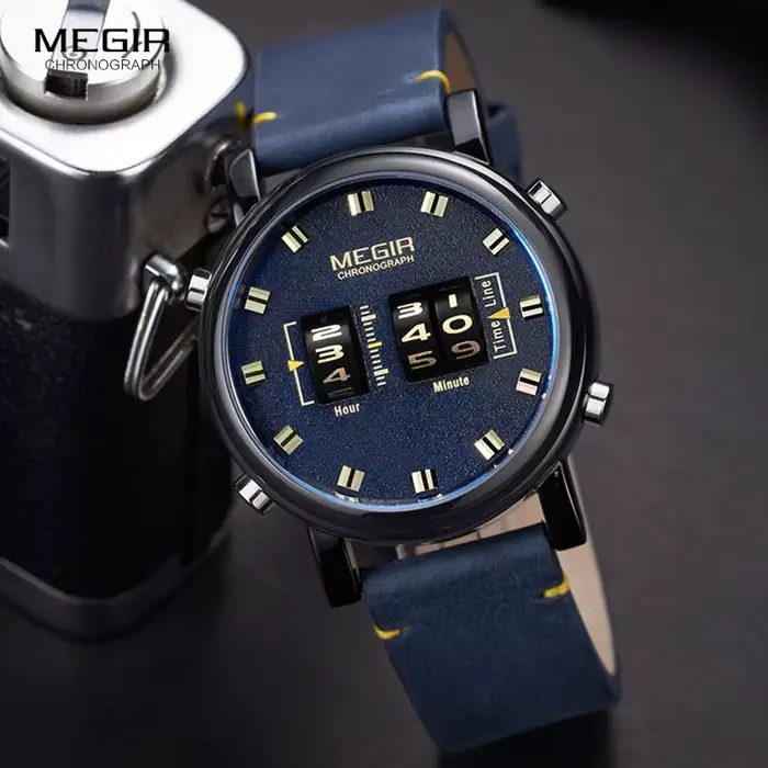 MEGIR – montre-bracelet en cuir bleu pour homme