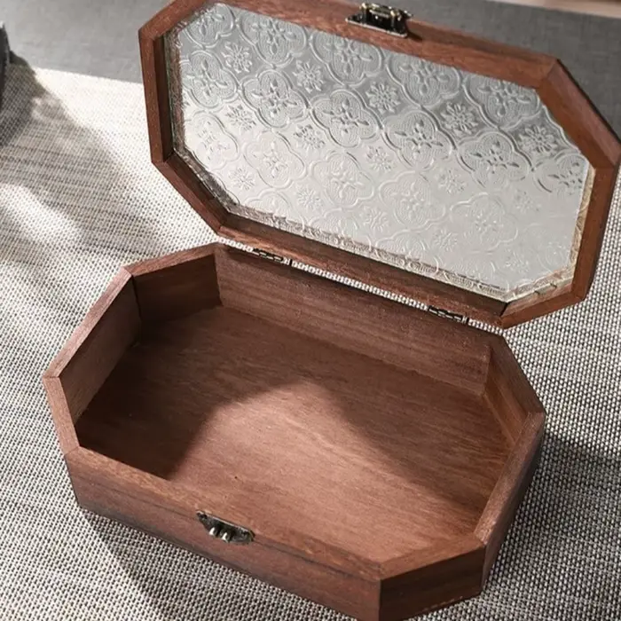 Boîte de rangement en bois à couvercle rabattable