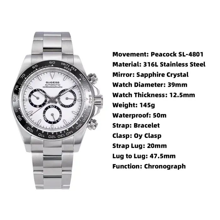 Sugess Panda chronographe mouvement automatique mécanique