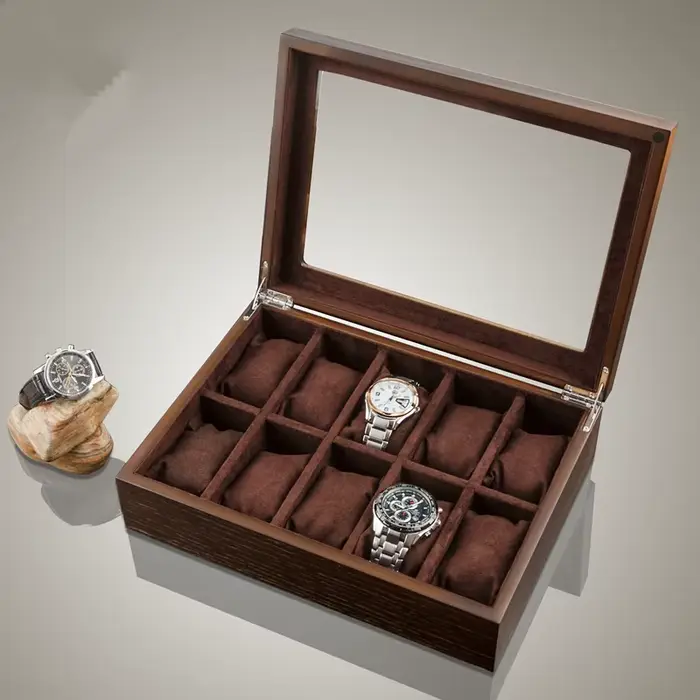 Boîte à montres en bois à 10 emplacements avec fenêtre en verre