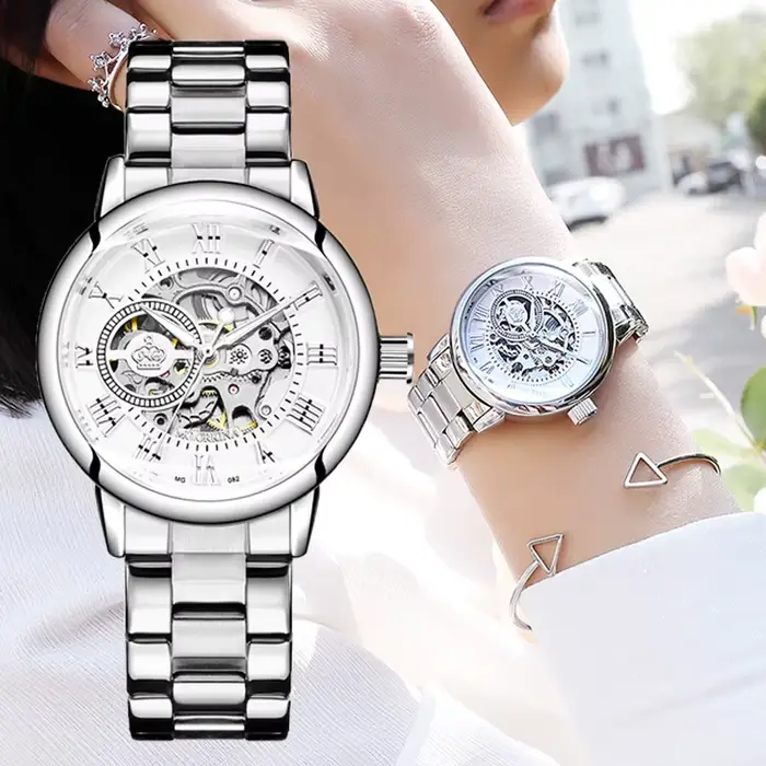 ORKINA marque de luxe squelette conception étanche automatique mécanique en acier inoxydable maille bracelet or Rose montre-bracelet pour les femmes