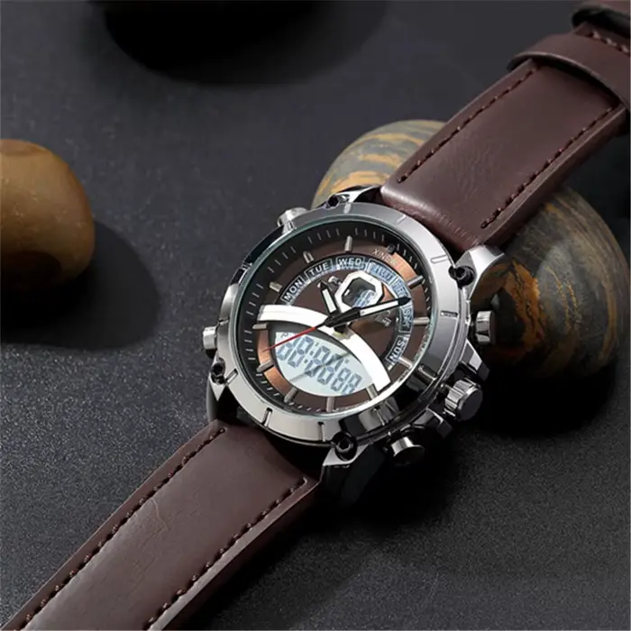 Montre homme XINEW à quartz avec double affichage analogique-digital, bracelet en cuir, chronographe et répéteur pour occasions spéciales