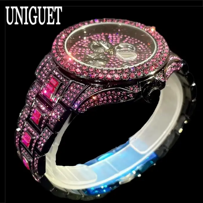 Vente chaude montre de glace rouge pour hommes marque de mode UNIGUET Hip Hop plein diamant luxe en acier inoxydable bijoux Quartz montre-bracelet homme