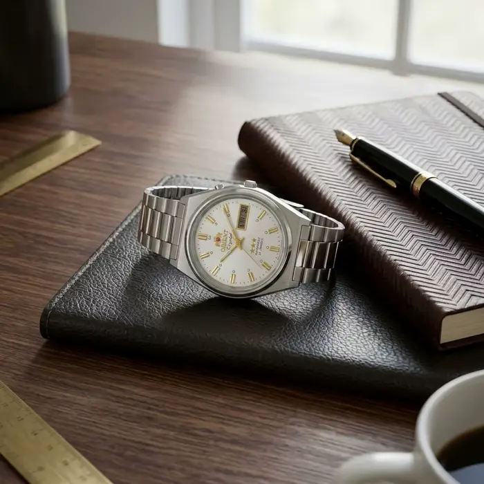 Montre-bracelet Orient Classic automatique résistante à l'eau pour hommes et femmes avec affichage jour-date et bracelet en acier inoxydable