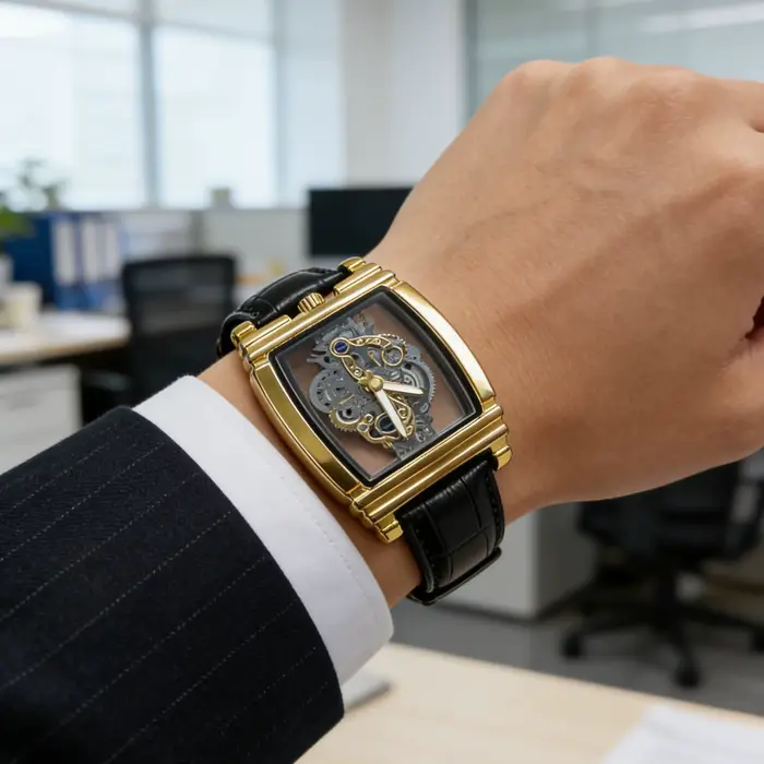 Montre de luxe carrée à quartz pour homme - Design rétro ajouré