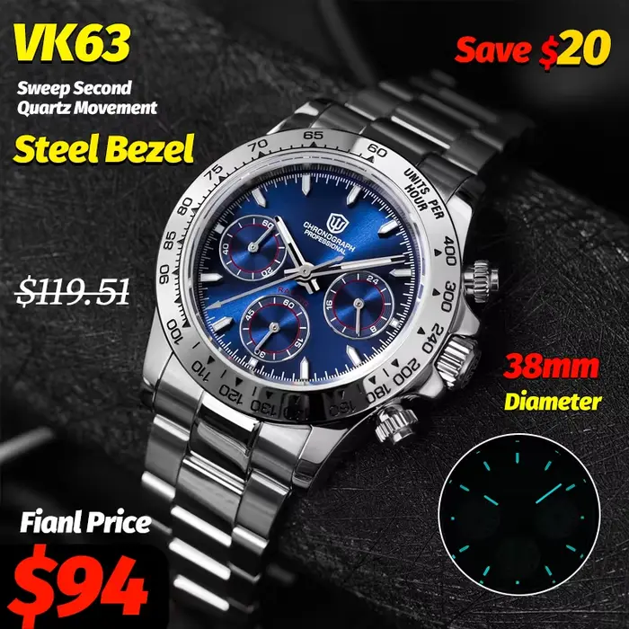 Watchdives Wd16500 V2 VK63 chronographe montre à Quartz saphir acier lunette montres de sport homme BGW9 10Bar montres-bracelets étanches