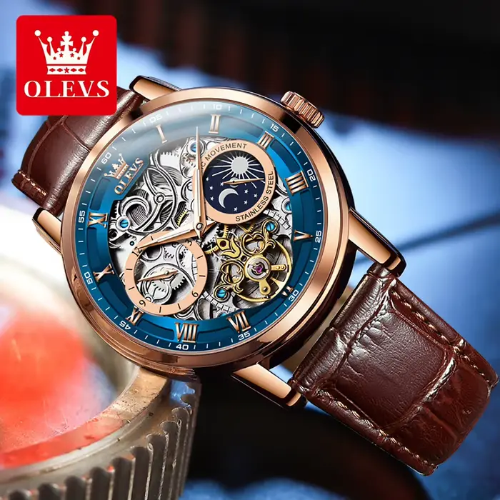 Montre homme OLEVS Squelette Tourbillon automatique avec phase de lune et bracelet en cuir pour occasions spéciales