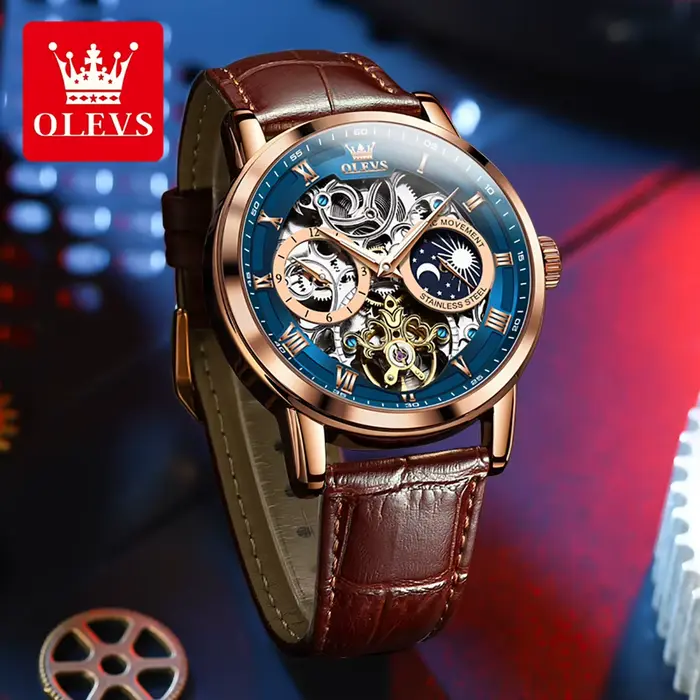 Montre automatique OLEVS 6670 design squelette bracelet en cuir phase lunaire résistante à l'eau pour homme occasions spéciales