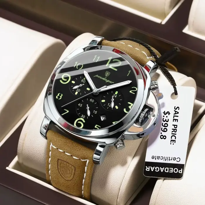Montre Militaire de Luxe POEDAGAR en Cuir avec Fonctionnalités Avancées pour Hommes Occasions Spéciales et Journées Aventureuses