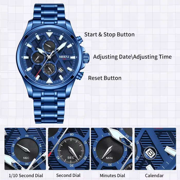 NIBOSI sport hommes montres haut de gamme de luxe Quartz étanche chronographe bleu montre-bracelet mâle horloge Relogio Masculino Reloj
