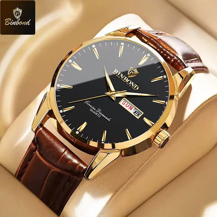 BINBOND mode montre en cuir marron hommes sport militaire montre-bracelet à Quartz