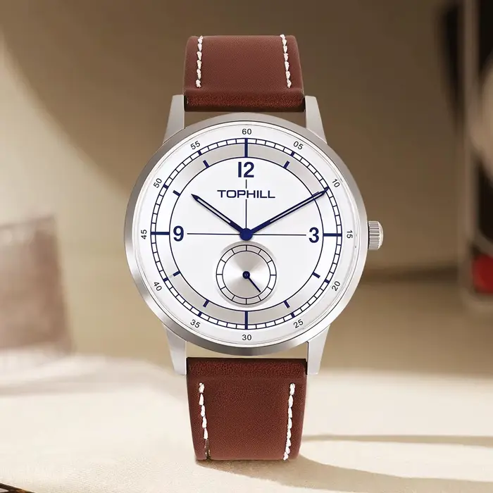 Montre à quartz pour homme TOPHILL Miyota 1L45 40 mm, bracelet en cuir, style rétro, lumineuse, avec sous-cadran des secondes à 6 heures, étanche 5 bars, Reloj TW098G