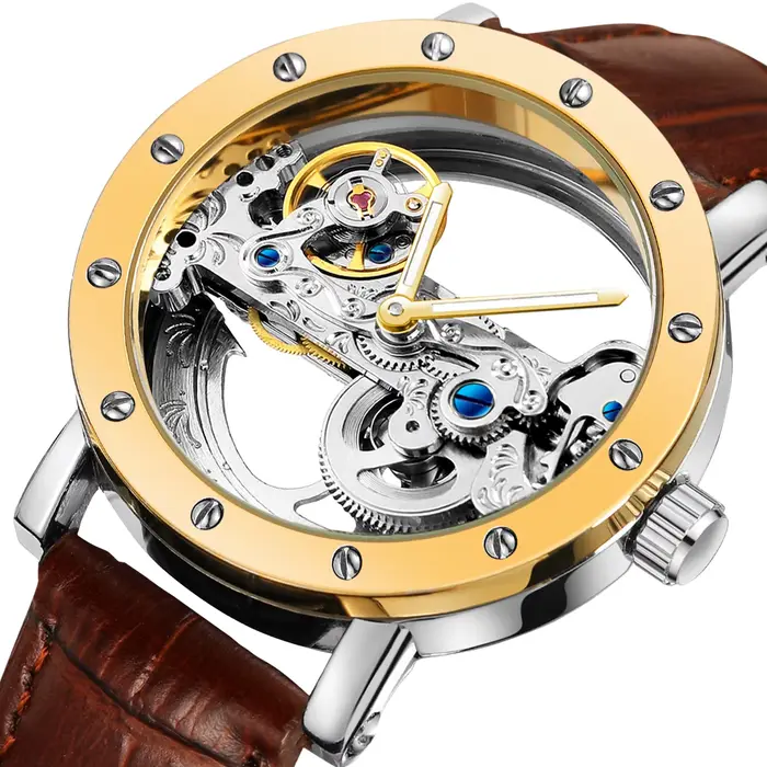 Montre automatique de luxe squelette en acier pour homme, tourbillon, bracelet en cuir, mécanique, é