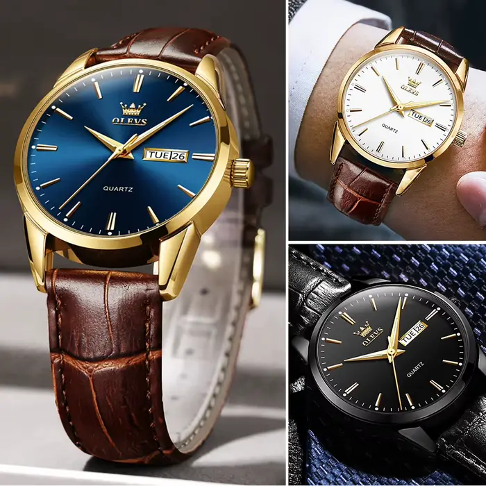 Montre homme OLEVS 6898 en acier inoxydable avec bracelet en cuir résistant à l'eau pour occasions formelles et décontractées