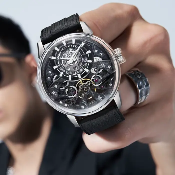 Montre mécanique automatique pour homme BONEST GATTI, cristal saphir, acier inoxydable 316, bracelet en caoutchouc luminescent, montre squelette pour homme d'affaires