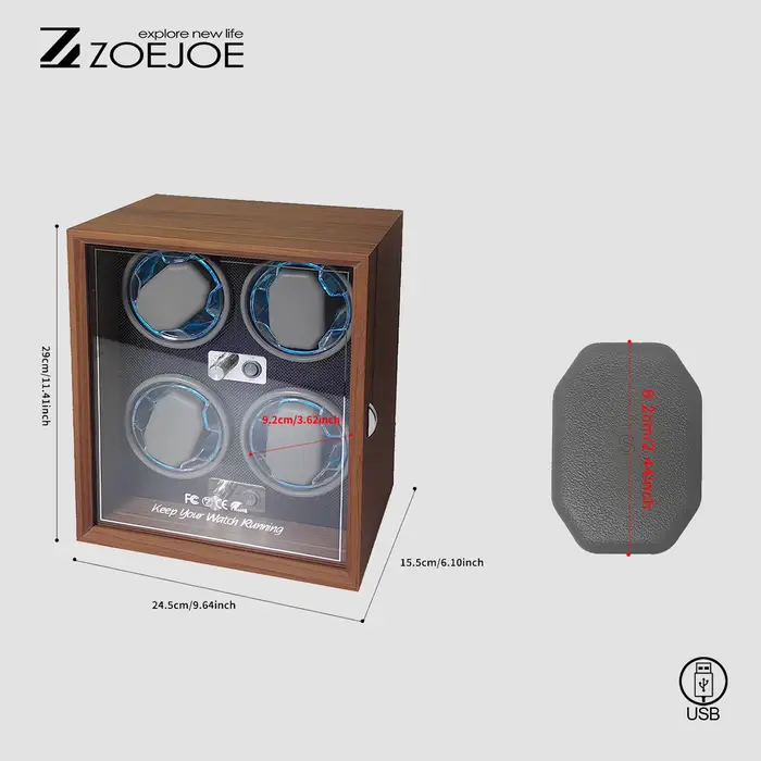 ZOEJOE remontoir de montre automatique en cuir PU couvercle Transparent en carbone alimenté par USB
